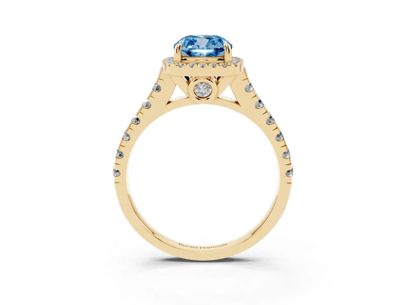 Cushion Cut Accented Halo Engagement Ring Setting for a Fancy Blue Lab-Grown Diamond | Yellow Gold