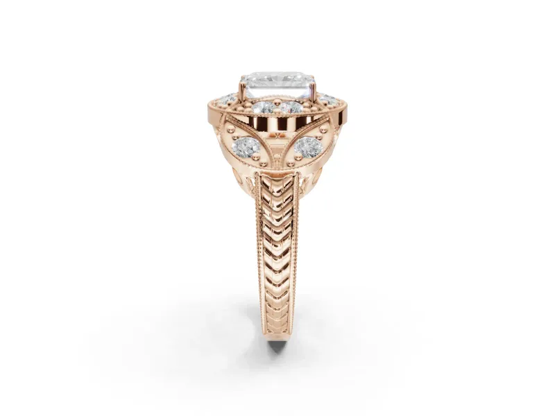 Radiant Cut Vintage Floral Halo Engagement Ring Setting | Engraved Milgrain Band | Rose Gold