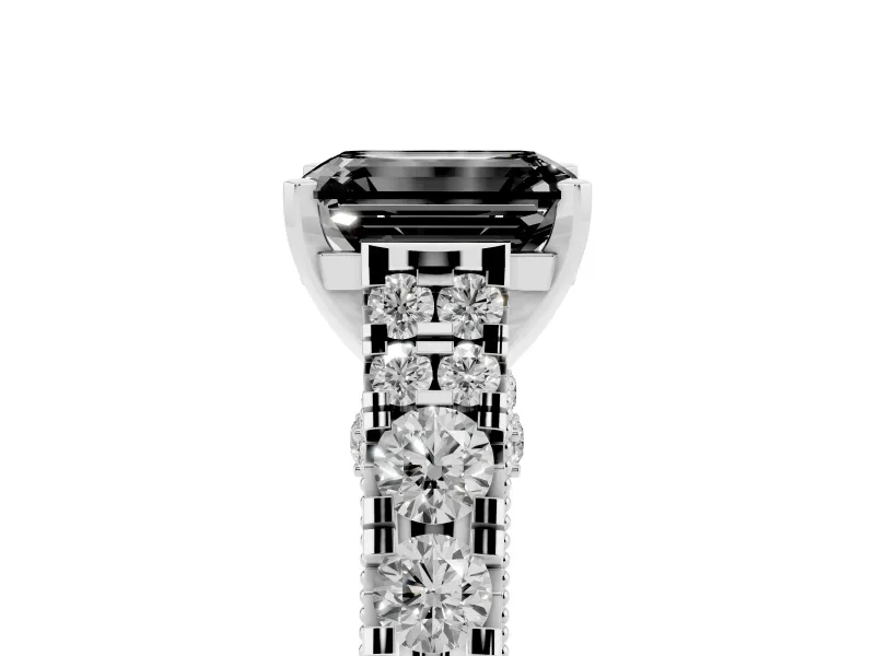 Fancy Black Emerald Cut Diamond Classic Solitaire Ring Set in White gold with Pavé Band and Prong Setting