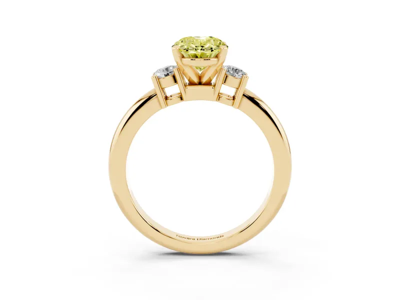 Fancy Yellow Three-Stone Oval Cut Diamond Ring Set in Yellow gold with Prong Setting and Plain Band