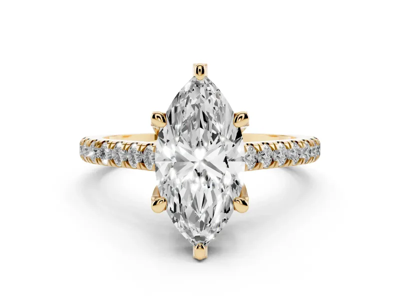 Marquise Cut Diamond Solitaire Ring Set in Yellow gold with Brilliant Pavé Band and Prong Setting