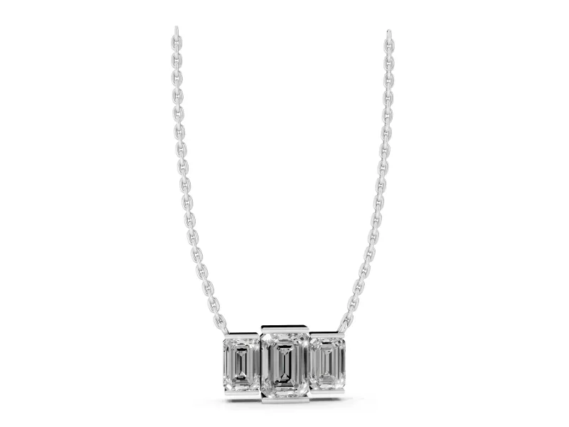 Emerald Cut Lab-Grown Diamond Three-Stone Bar Pendant Necklace | Bar Prong Ends | Sterling Silver