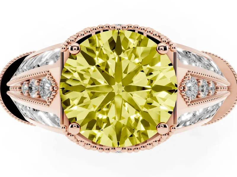 Fancy Yellow Round Cut Diamond Vintage-Inspired Milgrain Ring Set in Rose gold with Accent Split Shank