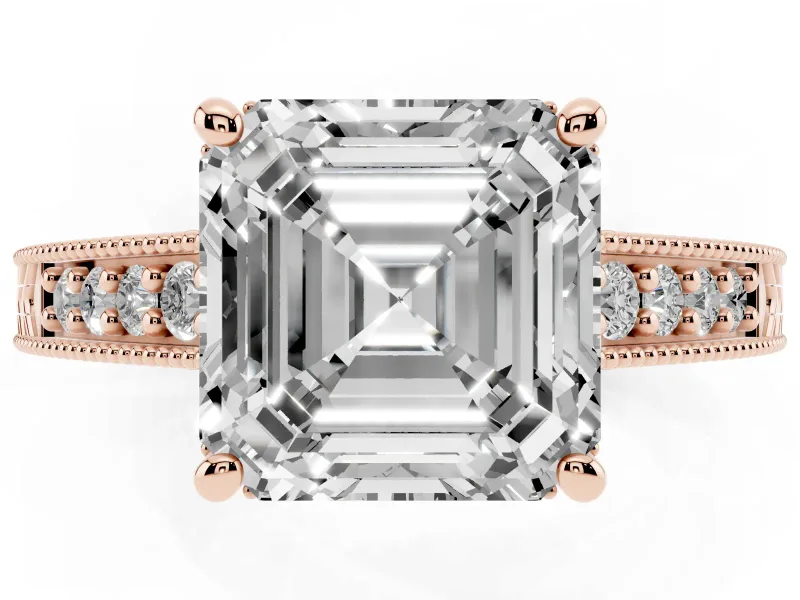 Asscher Cut Vintage Engraved Solitaire Engagement Ring Setting | Milgrain Pavé | Rose Gold
