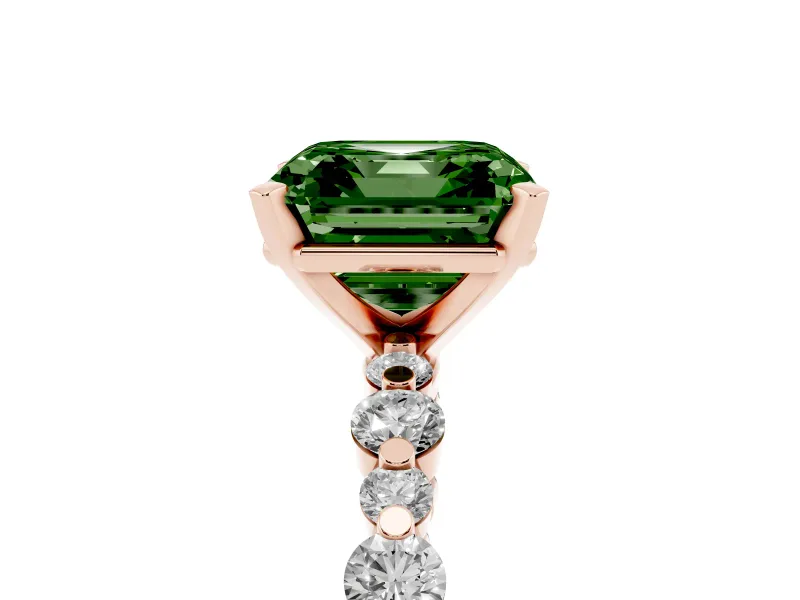 Fancy Green Asscher Cut Diamond Prong Set Engagement Ring Set in Rose gold with Round Accent Pavé Band