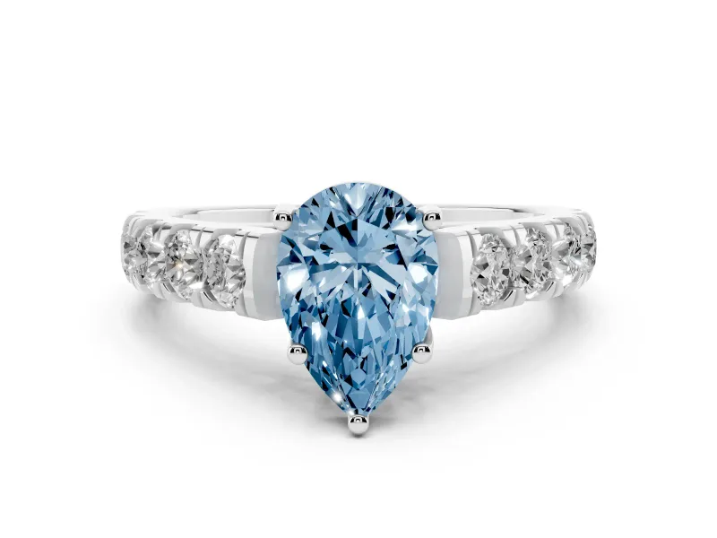 Fancy Blue Pear Cut Diamond Solitaire Ring Set in Platinum with Cut-Down Micro Pavé Band and Prong Setting