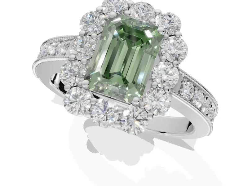 Emerald Cut Vintage Halo Engagement Ring Setting for a Fancy Green Lab-Grown Diamond | White Gold