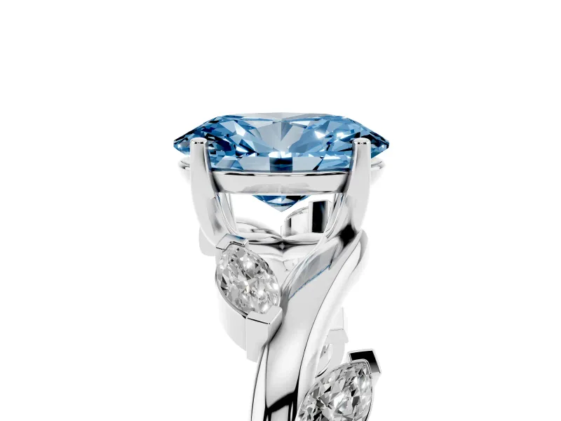 Fancy Blue Oval Cut Diamond Solitaire Ring Set in White gold with Twisted Marquise Accent Band