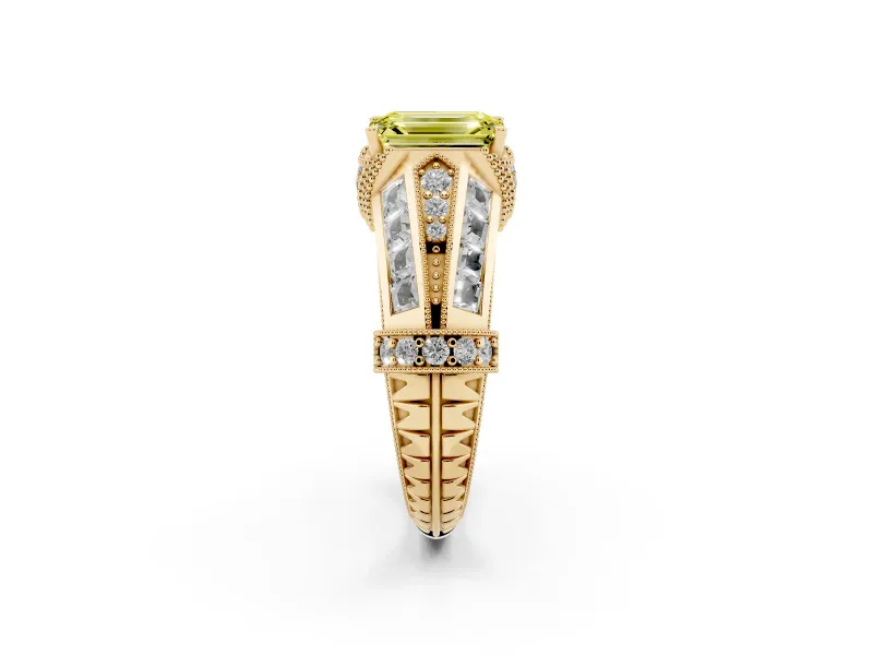 Emerald Cut Vintage Milgrain Engagement Ring Setting for a Fancy Yellow Lab-Grown Diamond | Hidden Halo | Yellow Gold