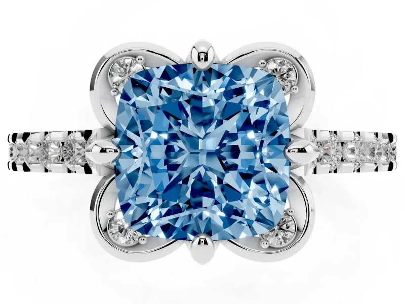 Cushion Cut Floral Petal Engagement Ring Setting for a Fancy Blue Lab-Grown Diamond | Petal Accents | White Gold