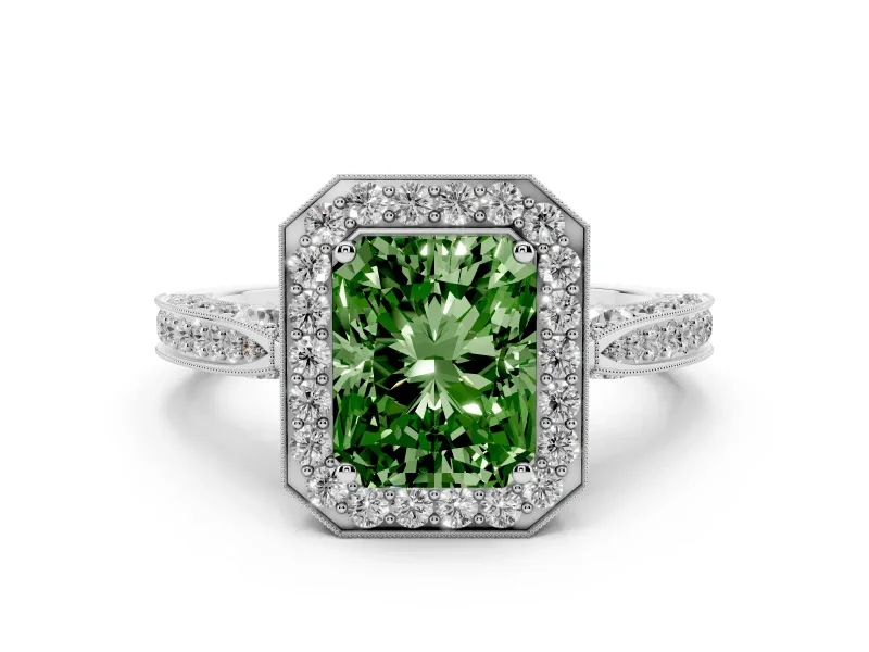 Fancy Green Radiant Cut Diamond Halo Engagement Ring Set in White gold with Accent Split Shank Band