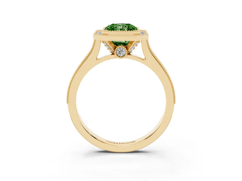 Radiant Cut Vintage Milgrain Halo Engagement Ring Setting for a Fancy Green Lab-Grown Diamond | Bezel Head | Yellow Gold