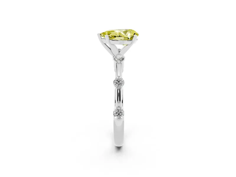 Fancy Yellow Pear Cut Diamond Solitaire Ring Set in Silver with Bezel Set Side Stones and Prong Setting