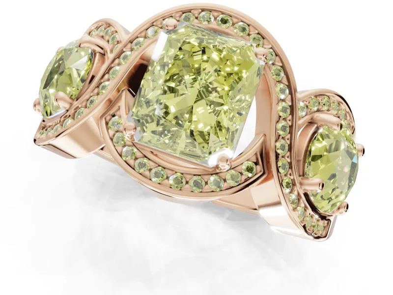 Radiant Cut Three Stone Halo Engagement Ring Setting for a Fancy Yellow Lab-Grown Diamond | Pavé Wave Band | Rose Gold