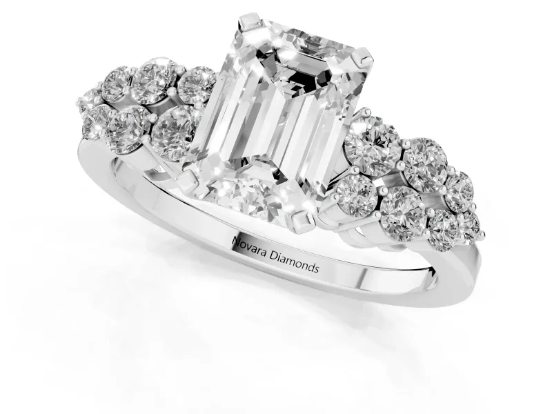 Emerald Cut Diamond Cluster Engagement Ring Set in Platinum with Pavé Band and Prong Setting