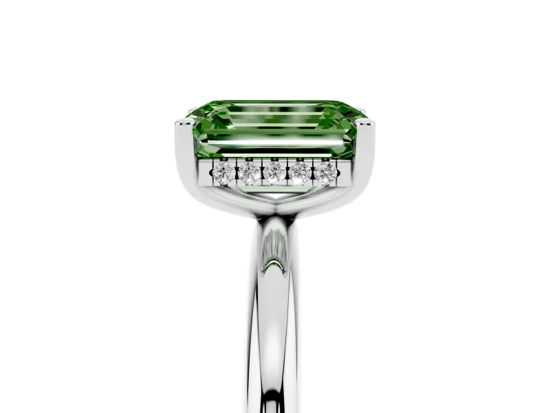 Fancy Green Emerald Cut Diamond Solitaire Engagement Ring Set in Platinum with Prong Setting and Polished Band
