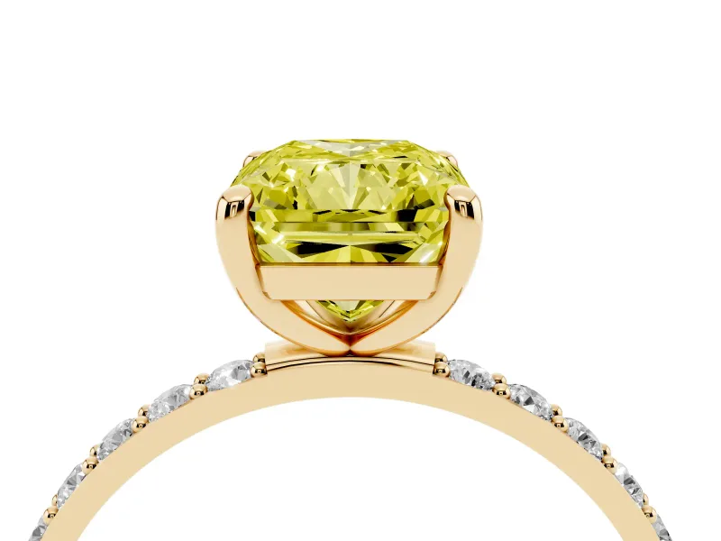 Radiant Cut Pave Solitaire Engagement Ring Setting for a Fancy Yellow Lab-Grown Diamond | Pave Shoulders | Yellow Gold