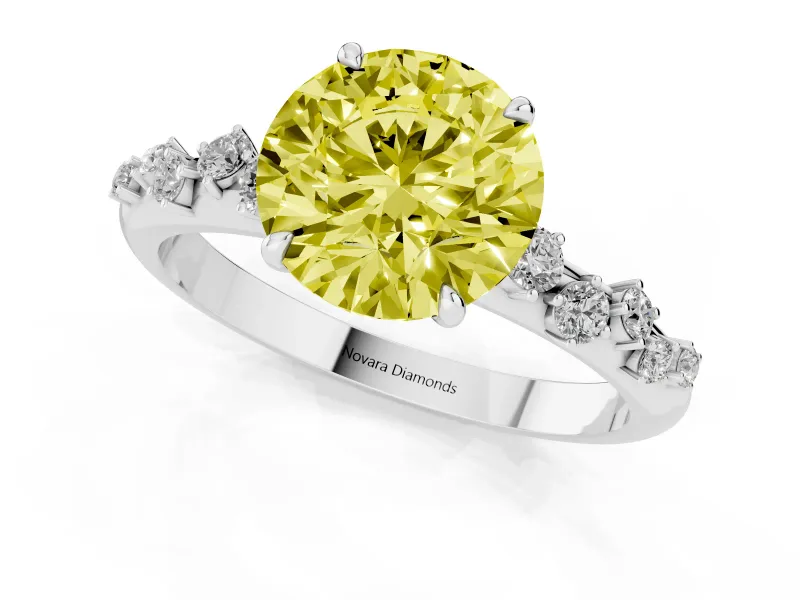 Fancy Yellow Round Cut Diamond Cluster Solitaire Ring Set in White gold with Prong Setting