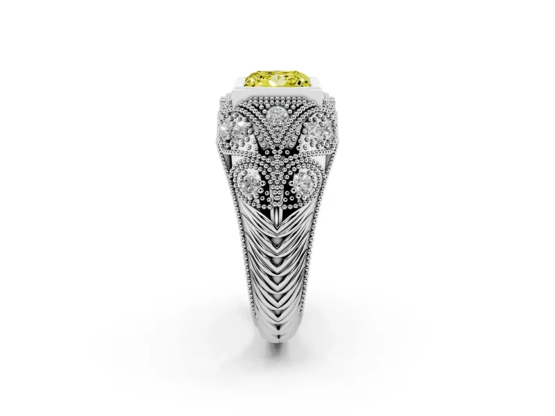 Fancy Yellow Princess Cut Diamond Bezel Ring Set in White gold with Milgrain Accent Band