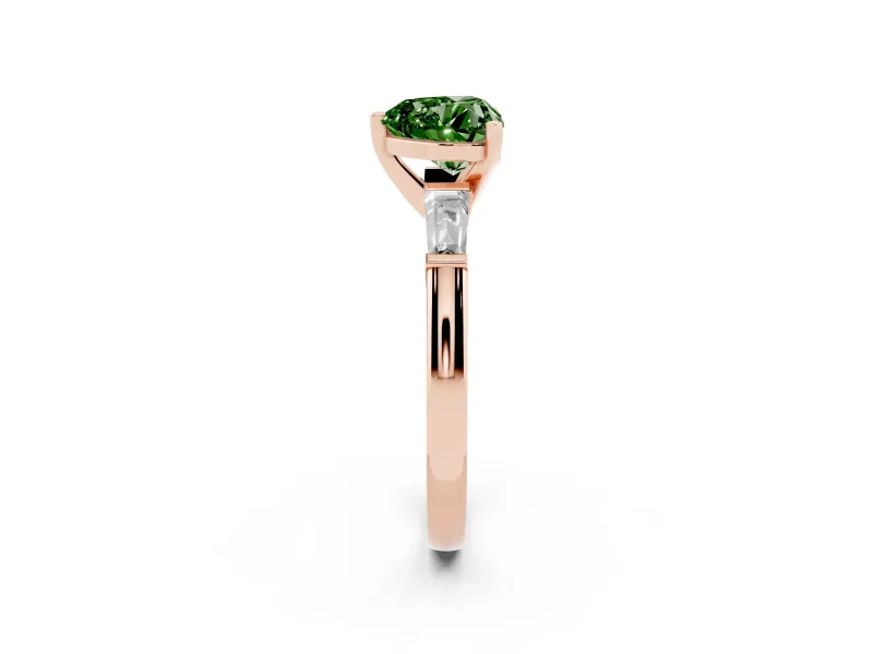 Fancy Green Heart Cut Diamond Solitaire Ring Set in Rose gold with Tapered Baguette Side Stones and Prong Setting