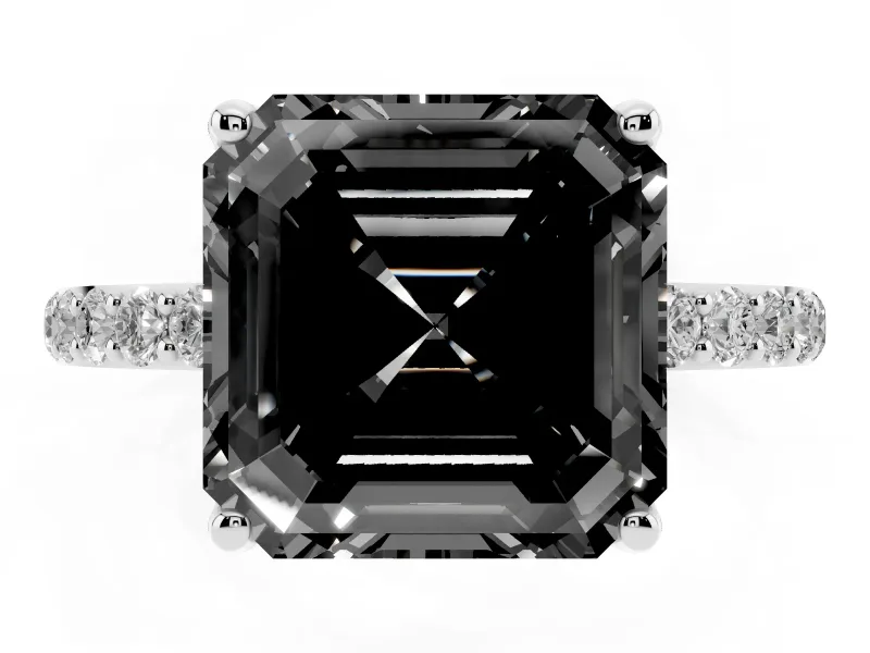 Asscher Cut Pavé Solitaire Engagement Ring Setting for a Black Center | Slim Band | Platinum