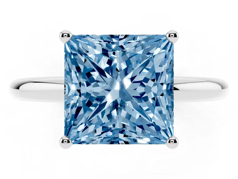 Fancy Blue Princess Cut Diamond Solitaire Engagement Ring Set in White gold with Prong Setting and Polished Band
