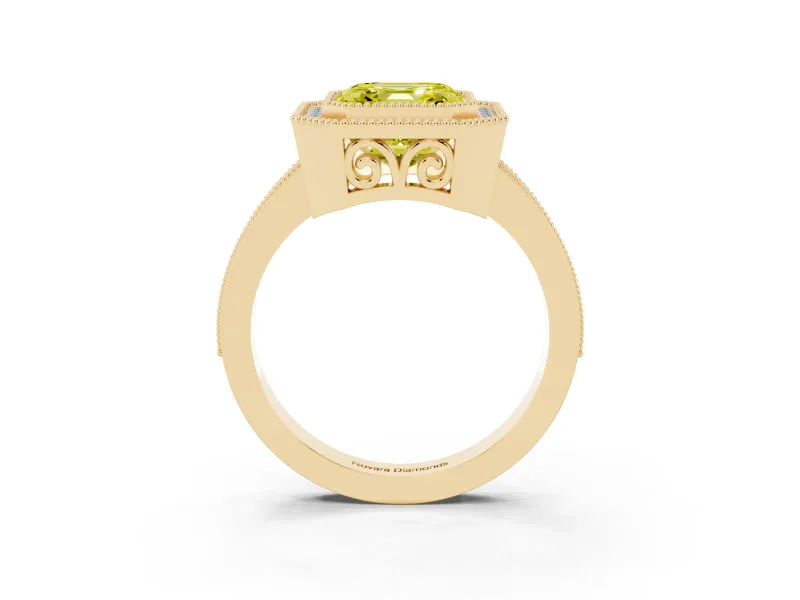 Fancy Yellow Asscher Cut Diamond Halo Ring Set in Yellow gold with Pavé Band and Milgrain-Edged Prongs
