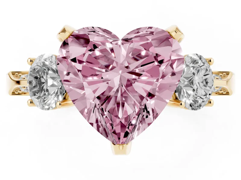 Heart-Shaped Hidden Halo Three Stone Engagement Ring Setting for a Fancy Pink Lab-Grown Diamond | Yellow Gold