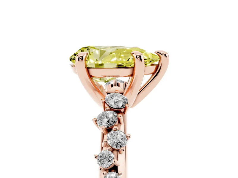 Fancy Yellow Pear Cut Diamond Solitaire Vine Band Ring Set in Rose gold with Round Accents and Prong Setting