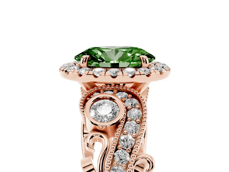 Fancy Green Oval Cut Diamond Halo Ring Set in Rose gold with Milgrain Pavé Band and Prong Setting