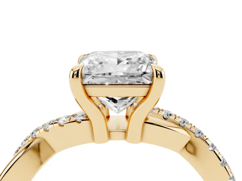 Princess Cut Diamond Twist Band Solitaire Set in Yellow gold with Pavé Accents and Prong Setting