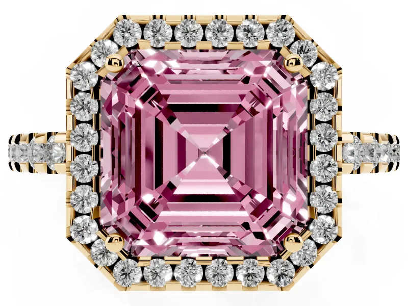 Asscher Cut Pave Halo Engagement Ring Setting for a Fancy Pink Lab-Grown Diamond | Yellow Gold