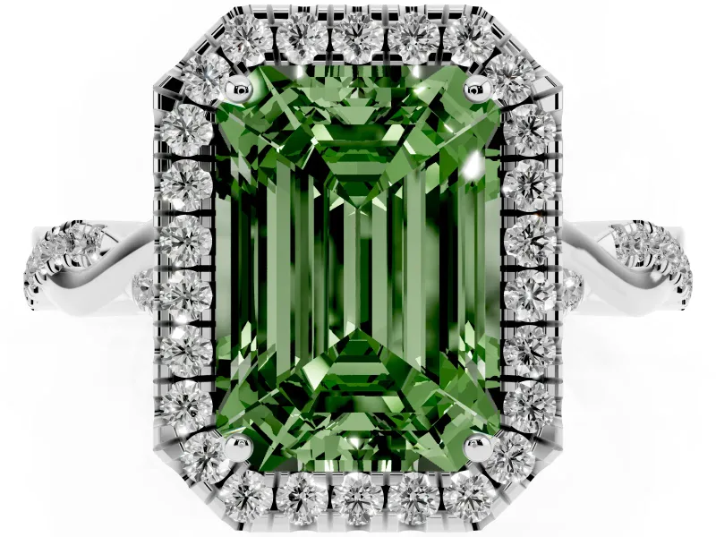 Emerald Cut Twist Halo Engagement Ring Setting for a Fancy Green Lab-Grown Diamond | White Gold