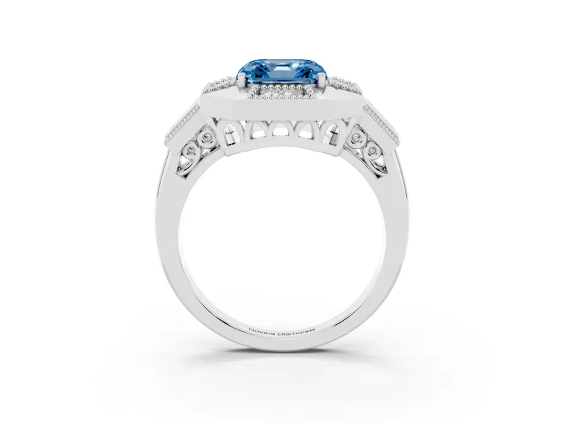 Fancy Blue Asscher Cut Diamond Milgrain Halo Ring Set in Platinum with Split Shank