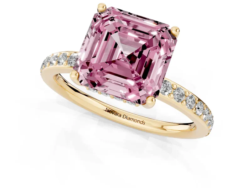 Asscher Cut Hidden Halo Engagement Ring Setting for a Fancy Pink Lab-Grown Diamond | Yellow Gold