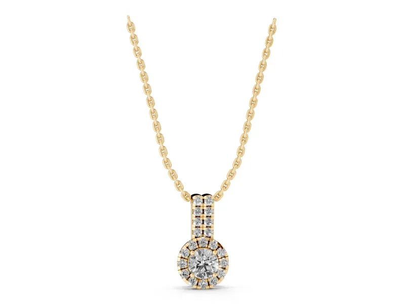 Round Lab-Grown Diamond Halo Pendant Necklace | Elongated Bail | Yellow Gold