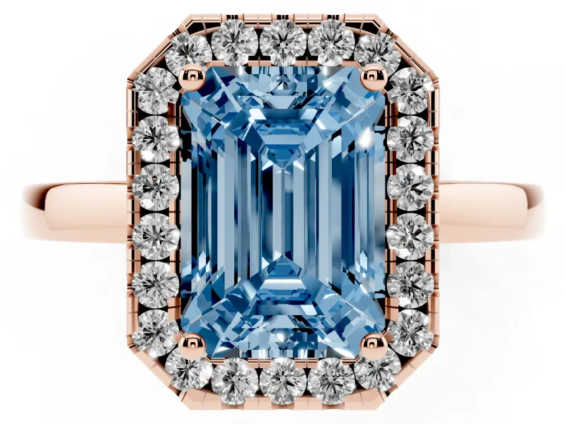 Fancy Blue Emerald Cut Diamond Halo Solitaire Ring Set in Rose gold with Pavé Band and Prong Setting