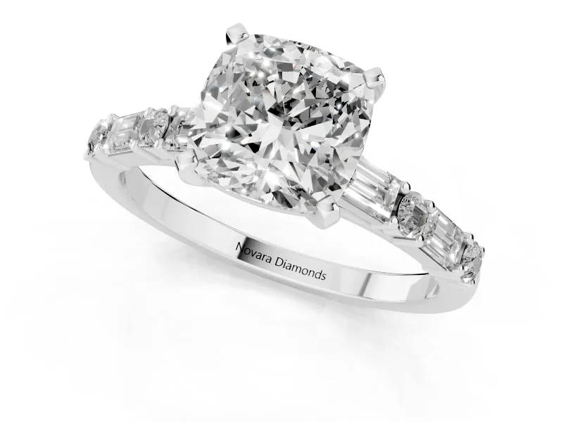 Cushion Cut Baguette Side Stone Engagement Ring Setting | Alternating Accents | Sterling Silver