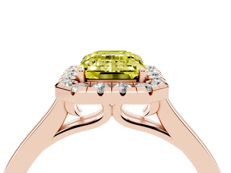 Fancy Yellow Emerald Cut Halo Round Diamond Solitaire Ring Set in Rose gold with Pavé Band and Prong Setting