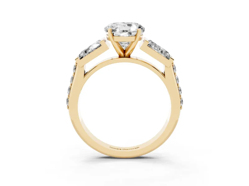 Round Cut Diamond Engagement Ring Set in Yellow gold with Baguette Side Stones and Channel Set Band