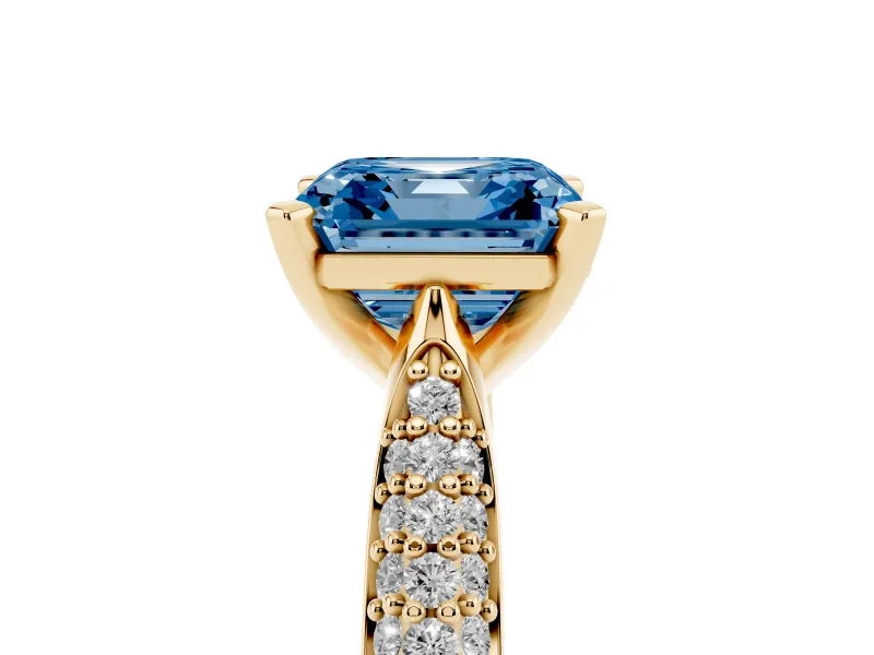 Fancy Blue Asscher Cut Diamond Solitaire Engagement Ring Set in Yellow gold with Multi-Row Round Pavé Band and Prong Setting