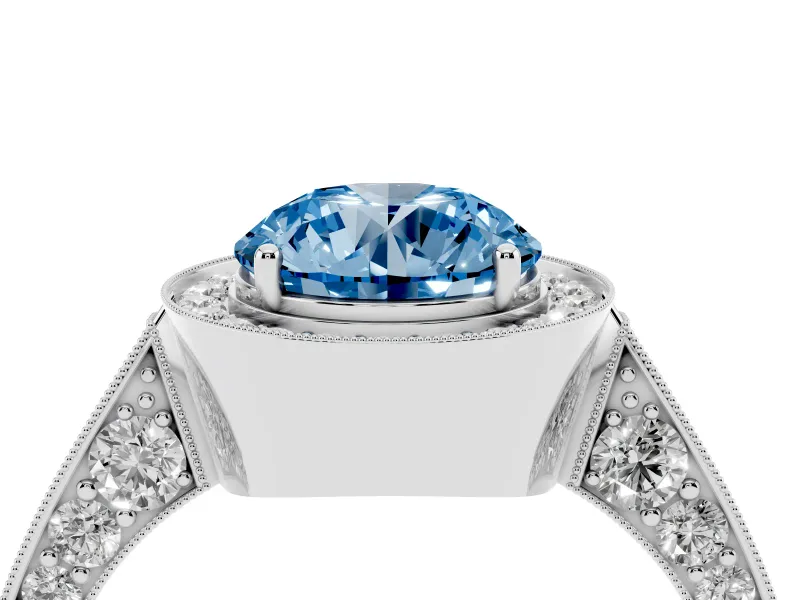 Round Vintage Milgrain Halo Engagement Ring Setting for a Fancy Blue Lab-Grown Diamond | Side Stones and Pave | Platinum