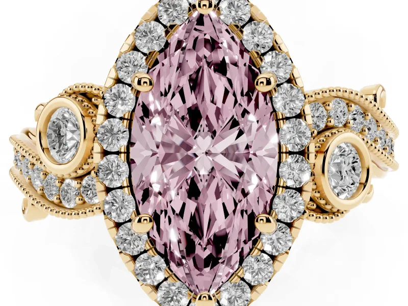 Fancy Pink Marquise Cut Diamond Halo Ring Set in Yellow gold with Milgrain Pavé Band and Prong Setting
