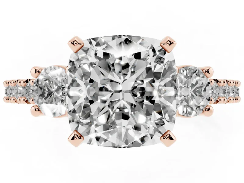 Three-Stone Cushion Cut Diamond Pavé Band Ring Set in Rose gold with Prong Setting