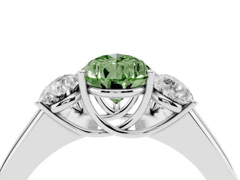 Fancy Green Three-Stone Pear Cut Diamond Ring Set in Platinum with Matching Prong Settings and Plain Band