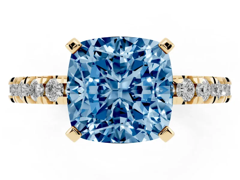 Fancy Blue Cushion Cut Diamond Pavé Band Solitaire Set in Yellow gold with Prong Setting