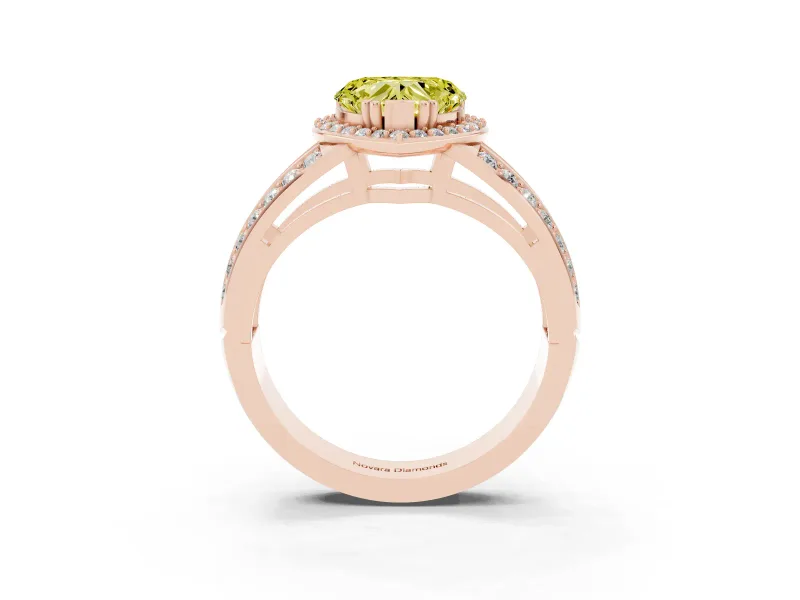 Fancy Yellow Heart Cut Diamond Halo Ring Set in Rose gold with Double Pavé Split Shank