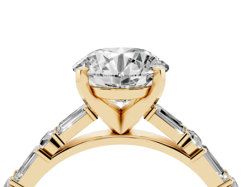 Round Cut Diamond Solitaire Set in Yellow gold with Side Baguettes and Channel Set Band