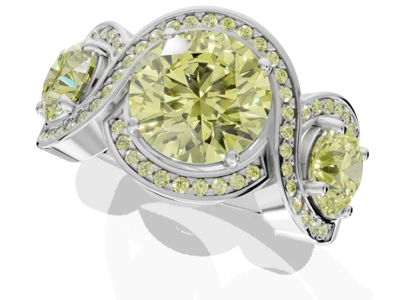Round Three Stone Halo Engagement Ring Setting for a Fancy Yellow Lab-Grown Diamond | Pavé Wave Band | Platinum