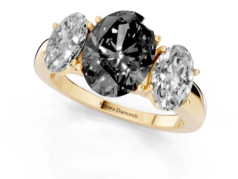 Oval Three Stone Engagement Ring Setting for a Black Center | Matching Side Stones | Yellow Gold